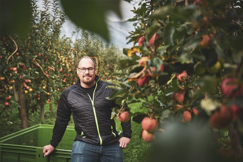 Sebastien Berner Biofruits - Nos producteurs - Une photo de Sébastien Berner debout dans un verger de pommes à côté d'une caisse en plastique verte