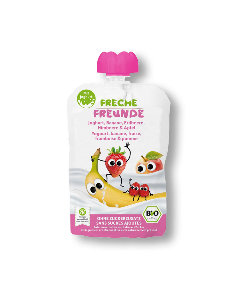 Compote à boire avec yogourt, banane, framboise, fraise et pomme