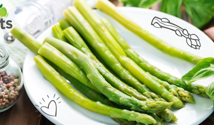 Des asperges vertes sur une table (banner) - Des asperges vertes Biofruits dans une assiettes blanche sur une table