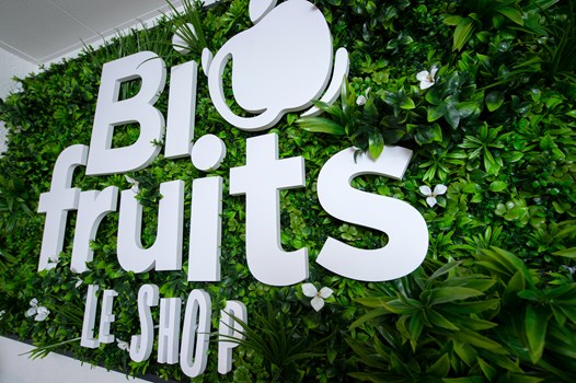Biofruits - Le Shop - Une photo de la décoration avec un mur végétal où est écrit Biofruits Le Shop